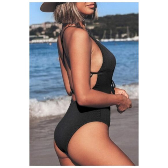 **Cupshe** Women's V Neck One Piece Swimsuit Lace Up Bathing S Black - Picture 3 of 9